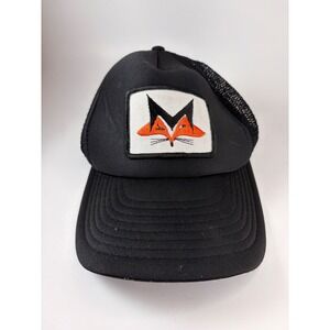 Vintage 80's Speedway Trucker Hat Black Mesh Snapback Cap with Fox Patch